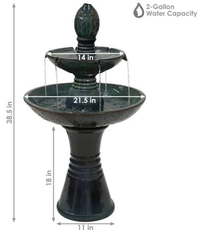 Sunnydaze Double Tier Ceramic Outdoor 2-Tier Water Fountain with Lights