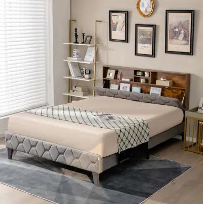 Full/Queen Size Upholstered Bed Frame with Storage Headboard