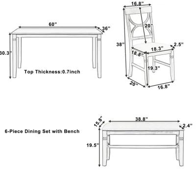 6-Piece Wood Dining Table Set Kitchen Table Set With Upholstered Bench And 4 Dining Chairs