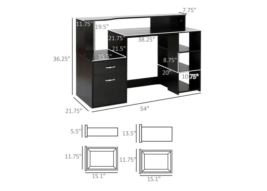 Efficient Corner Desk: 54" L-Shaped Black Workstation with Shelves & Drawers