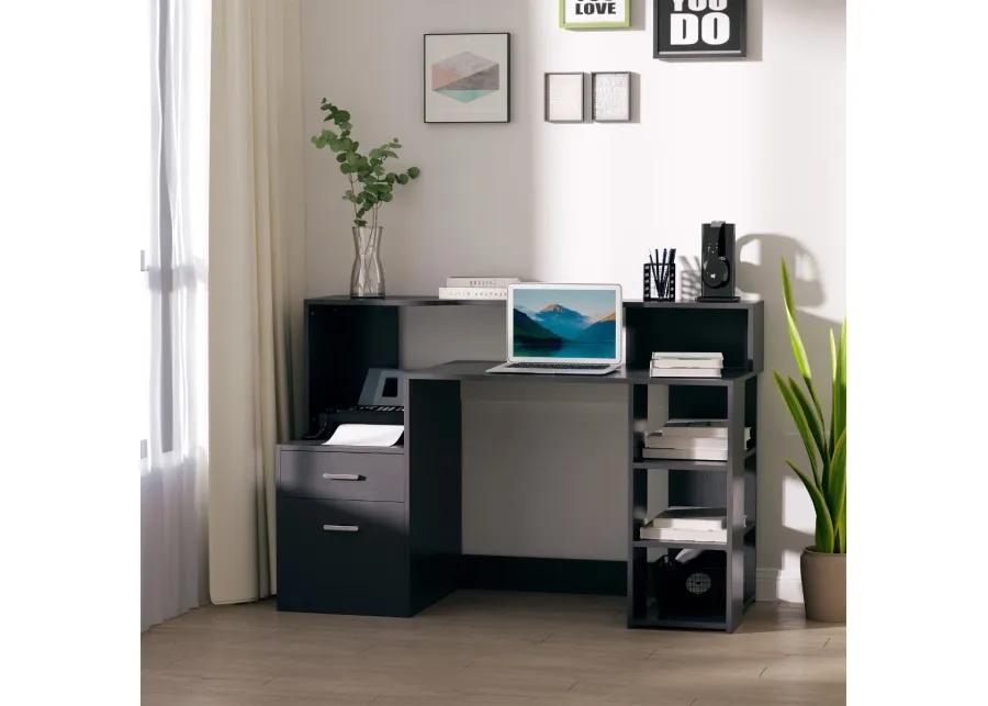 Efficient Corner Desk: 54" L-Shaped Black Workstation with Shelves & Drawers