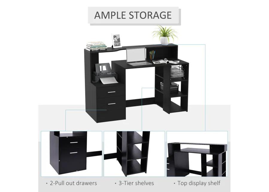 Efficient Corner Desk: 54" L-Shaped Black Workstation with Shelves & Drawers