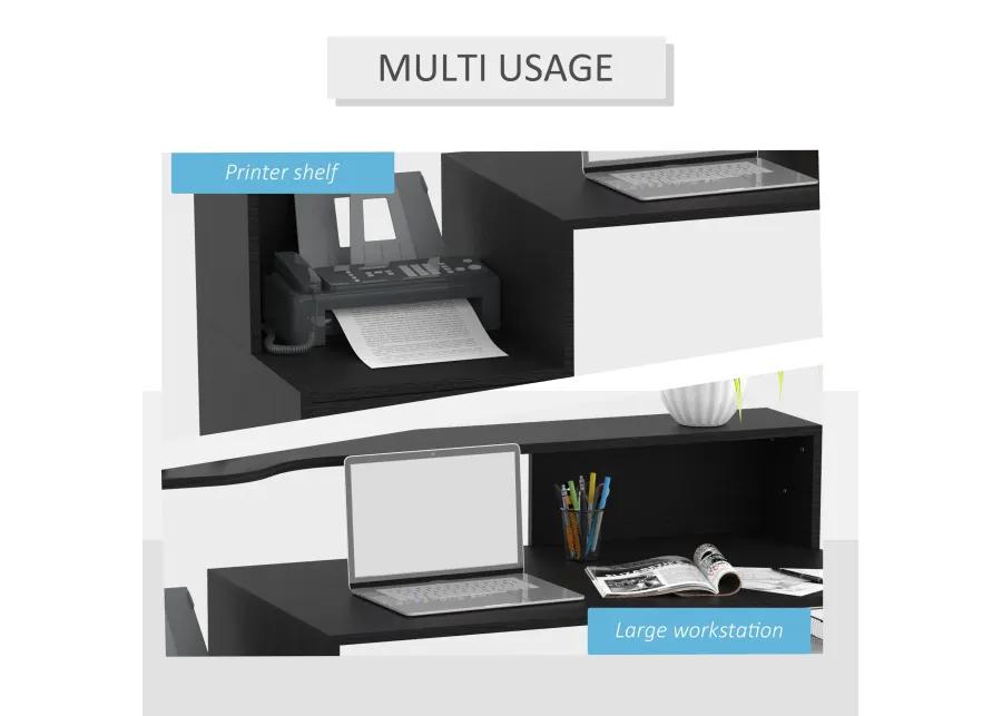 Efficient Corner Desk: 54" L-Shaped Black Workstation with Shelves & Drawers