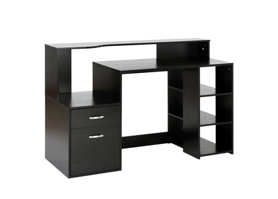 Efficient Corner Desk: 54" L-Shaped Black Workstation with Shelves & Drawers