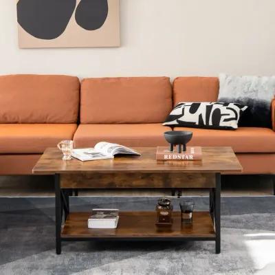 2-Tier Industrial Rectangular Coffee Table with Storage Shelf