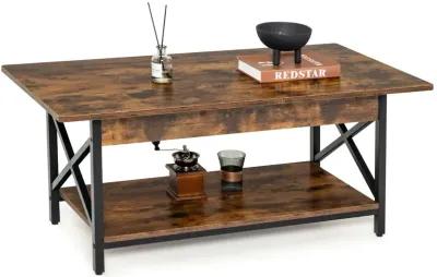 2-Tier Industrial Rectangular Coffee Table with Storage Shelf