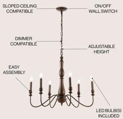 Victoria 29" 6-Light Rustic Midcentury Iron LED Chandelier, Brown