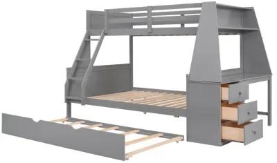 Twin Over Full Bunk Bed With Trundle And Built-In Desk, Three Storage Drawers And Shelf