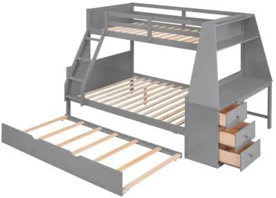 Twin Over Full Bunk Bed With Trundle And Built-In Desk, Three Storage Drawers And Shelf