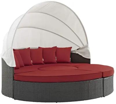 Sojourn Outdoor Patio Furniture Collection - Sectional Sofa Daybed with Sunbrella Cushions, Retractable Canopy, and Ottomans