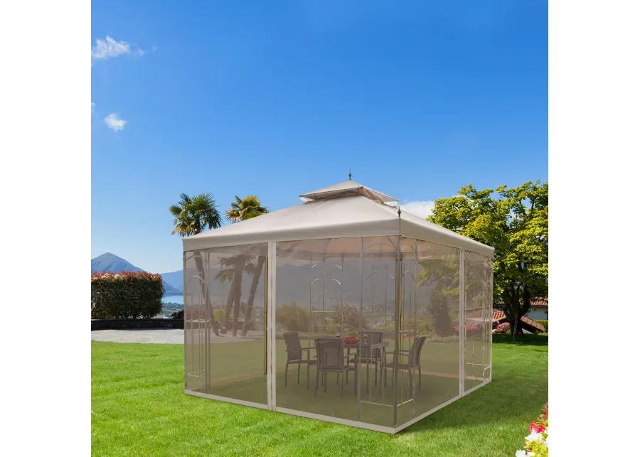 Brown Outdoor Haven: 10x10 Steel Patio Gazebo with Mesh Curtains