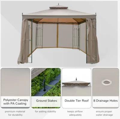 Brown Outdoor Haven: 10x10 Steel Patio Gazebo with Mesh Curtains