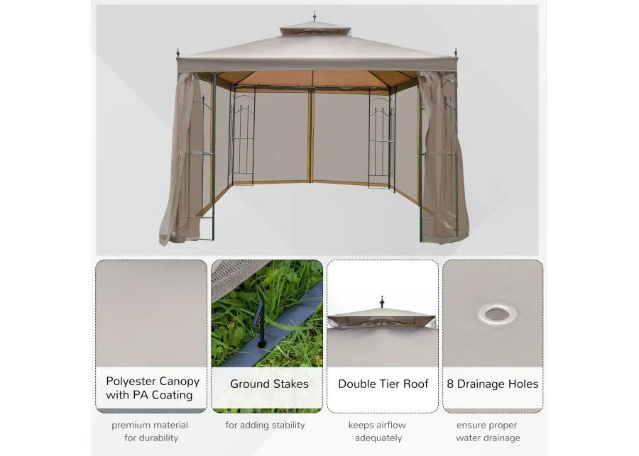 Brown Outdoor Haven: 10x10 Steel Patio Gazebo with Mesh Curtains