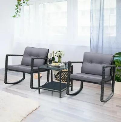 3 Pieces Cushioned Patio Rattan Set with Rocking Chair and Table-Grey