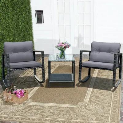 3 Pieces Cushioned Patio Rattan Set with Rocking Chair and Table-Grey