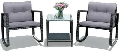 3 Pieces Cushioned Patio Rattan Set with Rocking Chair and Table-Grey