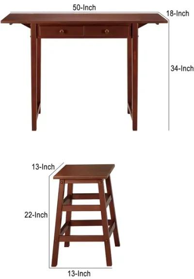 3 Piece Handcrafted Kitchen Island Breakfast Table Set, 2 Drawers, Rubberwood, Stools, Walnut Brown