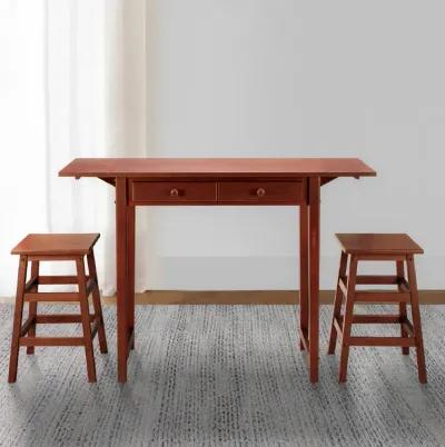 3 Piece Handcrafted Kitchen Island Breakfast Table Set, 2 Drawers, Rubberwood, Stools, Walnut Brown