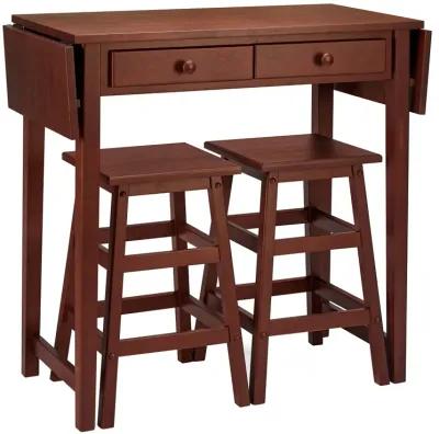 3 Piece Handcrafted Kitchen Island Breakfast Table Set, 2 Drawers, Rubberwood, Stools, Walnut Brown