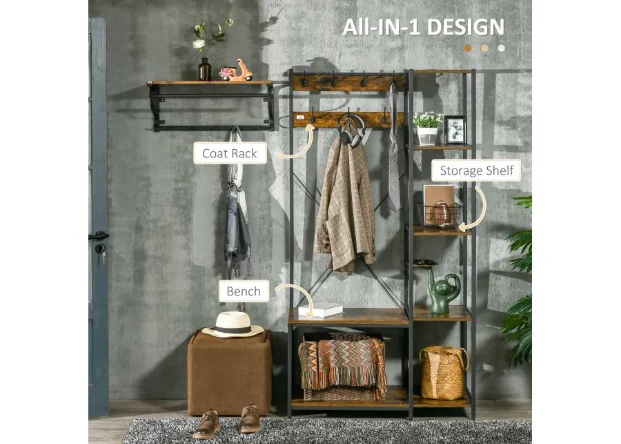 Rustic Brown Entryway: Industrial Hall Tree with Bench & Coat Rack