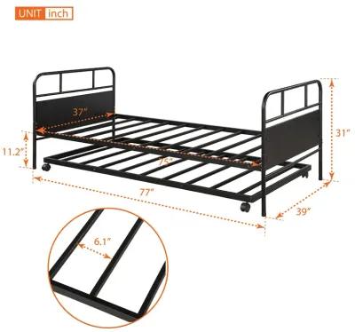 Merax Metal Daybed Platform Bed Frame with Trundle Built-in Casters