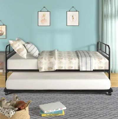 Merax Metal Daybed Platform Bed Frame with Trundle Built-in Casters