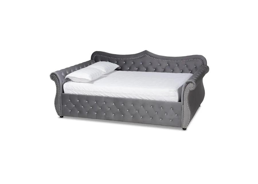 Baxton Studio Abbie Traditional and Transitional Grey Velvet Fabric Upholstered and Crystal Tufted Queen Size Daybed