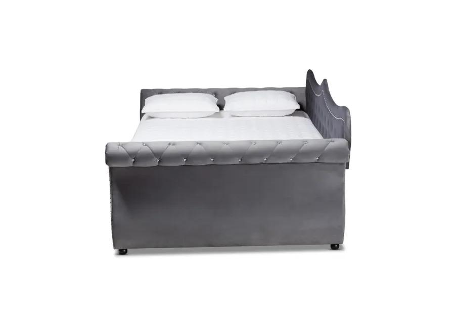 Baxton Studio Abbie Traditional and Transitional Grey Velvet Fabric Upholstered and Crystal Tufted Queen Size Daybed