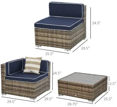 Blue Patio Ensemble: 7-Piece PE Rattan Wicker Sofa Set with Wood Table