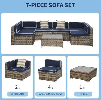 Blue Patio Ensemble: 7-Piece PE Rattan Wicker Sofa Set with Wood Table