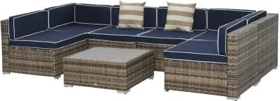 Blue Patio Ensemble: 7-Piece PE Rattan Wicker Sofa Set with Wood Table