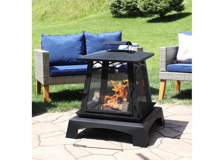 Sunnydaze 32 in Pagoda Style Steel Fire Pit with Log Grate and Poker