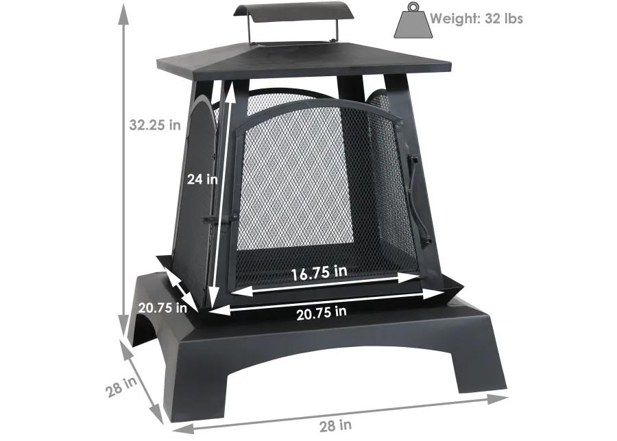 Sunnydaze 32 in Pagoda Style Steel Fire Pit with Log Grate and Poker