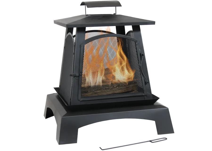 Sunnydaze 32 in Pagoda Style Steel Fire Pit with Log Grate and Poker