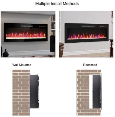 MONDAWE 50 Inch Recessed Ultra Thin Tempered Glass Front Wall Mounted Electric Fireplace With Remote And Multi Color Flame & Emberbed, LED Light Heater