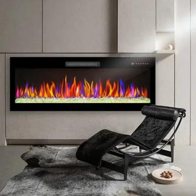 MONDAWE 50 Inch Recessed Ultra Thin Tempered Glass Front Wall Mounted Electric Fireplace With Remote And Multi Color Flame & Emberbed, LED Light Heater