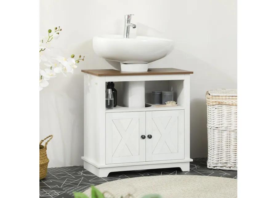 White Bathroom Storage: Pedestal Vanity Cabinet with 2 Doors & Shelves