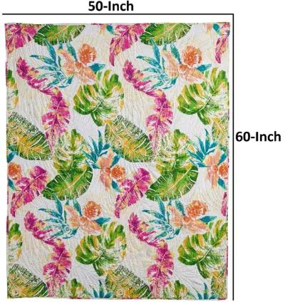 Porto 60 Inch Throw Blanket, Tropical Palm Leaves, Vibrant Green, Blue-Benzara