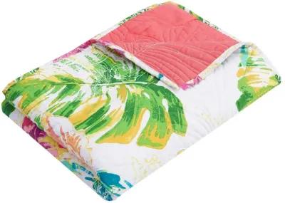 Porto 60 Inch Throw Blanket, Tropical Palm Leaves, Vibrant Green, Blue-Benzara