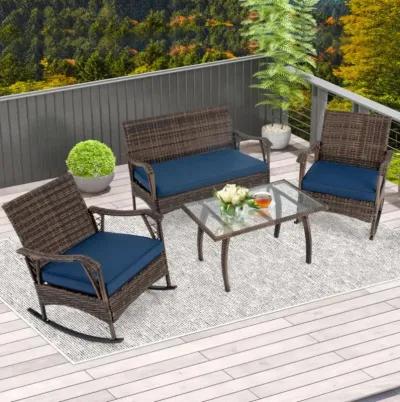 Hivvago 4 Pieces Wicker Rocking Set with Bungee Rope Seat