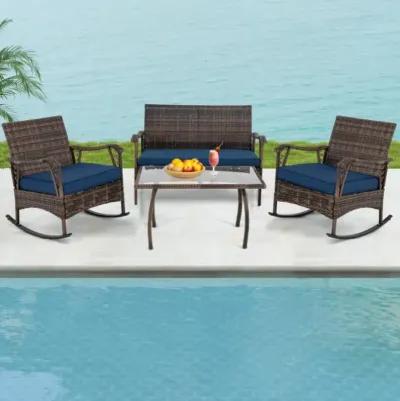 Hivvago 4 Pieces Wicker Rocking Set with Bungee Rope Seat