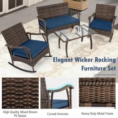 Hivvago 4 Pieces Wicker Rocking Set with Bungee Rope Seat