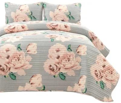 Hivvago Full/Queen Size Polyester Black White Striped Rose Floral 3 Piece Quilt Set