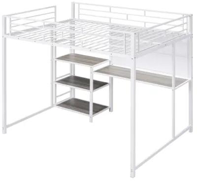 Full Size Loft Bed With Desk And Whiteboard, Metal Loft Bed With 3 Shelves And Ladder, White