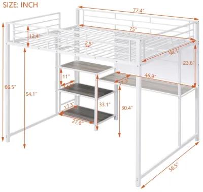 Full Size Loft Bed With Desk And Whiteboard, Metal Loft Bed With 3 Shelves And Ladder, White