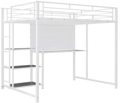 Full Size Loft Bed With Desk And Whiteboard, Metal Loft Bed With 3 Shelves And Ladder, White