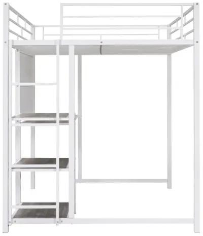 Full Size Loft Bed With Desk And Whiteboard, Metal Loft Bed With 3 Shelves And Ladder, White