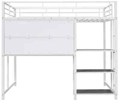 Full Size Loft Bed With Desk And Whiteboard, Metal Loft Bed With 3 Shelves And Ladder, White