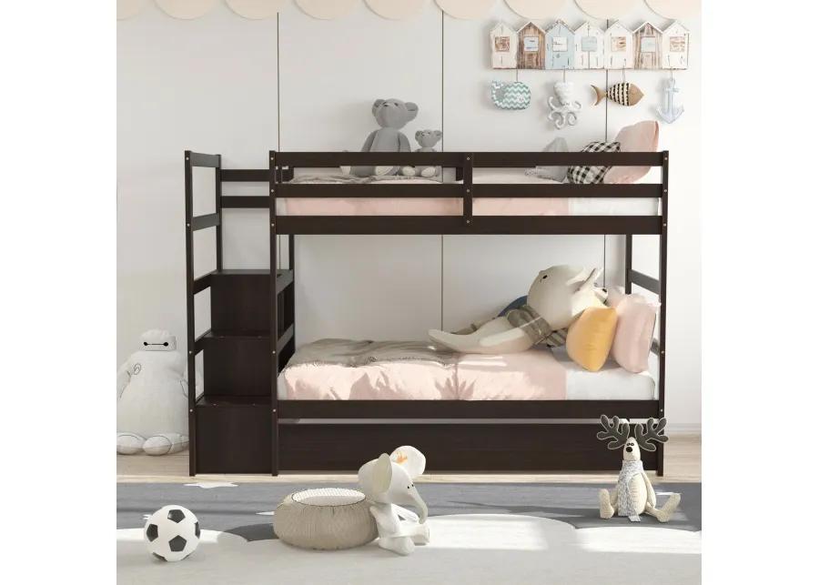 Twin Over Twin Bunk Bed with Storage Shelf and Drawer-Dark Brown