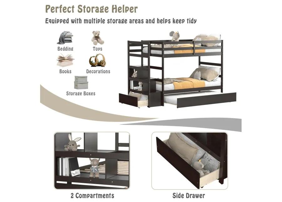 Twin Over Twin Bunk Bed with Storage Shelf and Drawer-Dark Brown